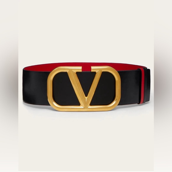 VALENTINO GARAVANI RÉVERSIBLE Widest Black & Red Leather Belt with Gold V Buckle - Picture 3 of 17